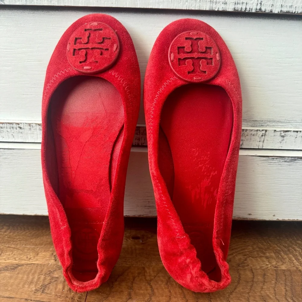 Tory Burch Ruby Red Suede Minnie Travel Ballet‎ Flat Logo Women's Size 5 S